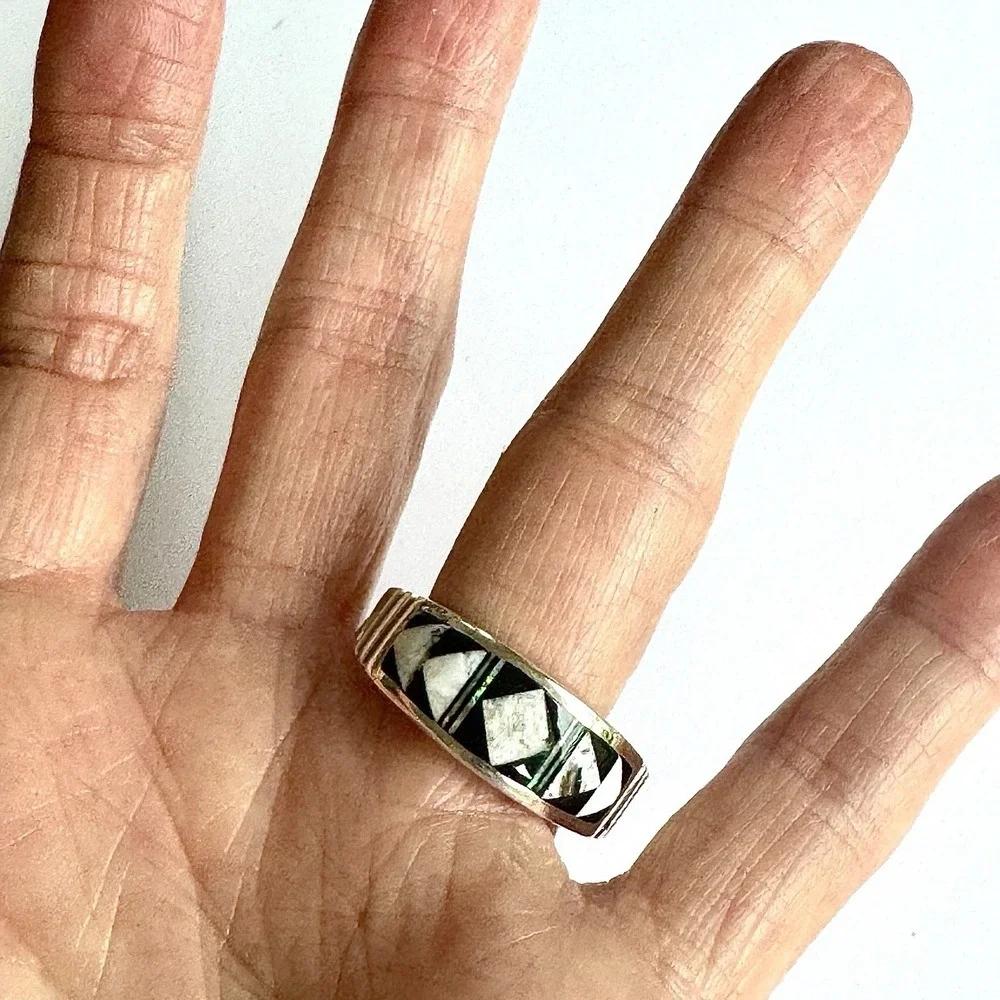 Navajo‎ Inlay Wedding Band Ring Sz 13 Opal White Buffalo 9mm Mens Signed Tolino